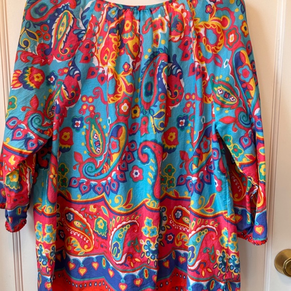 FIESTA COLORFUL SCOOP NECK TALBOTS BLOUSE COTTON FABRIC 3/4 SLEEVE - Picture 5 of 10